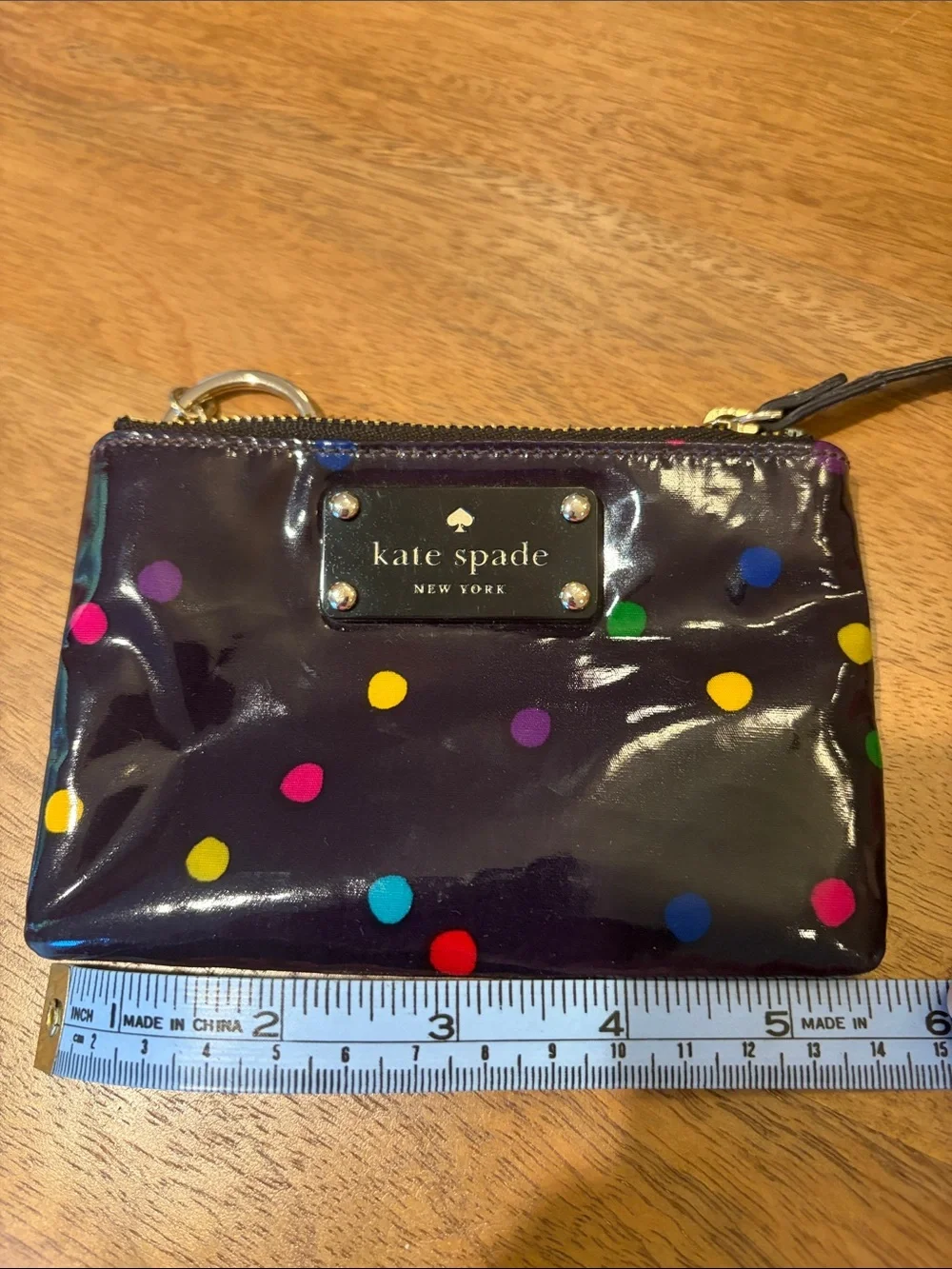 kate spade Black Patent Polka Dot Card Size Wristlet with Key Ring